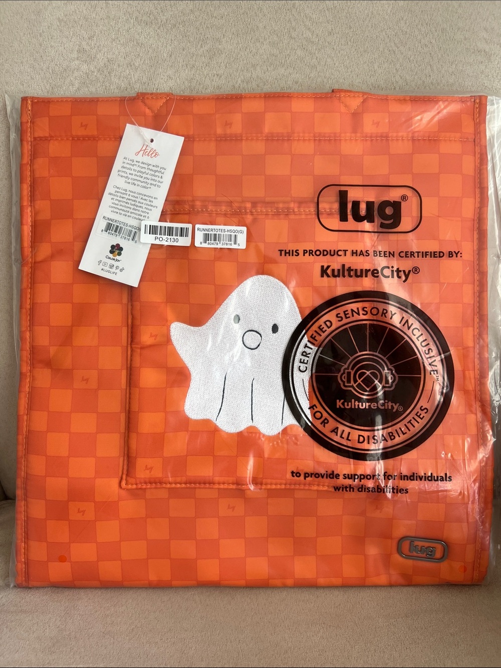 NWT Lug Halloween Runner Tote: Haunted Squares Orange: Ghost ๐ป